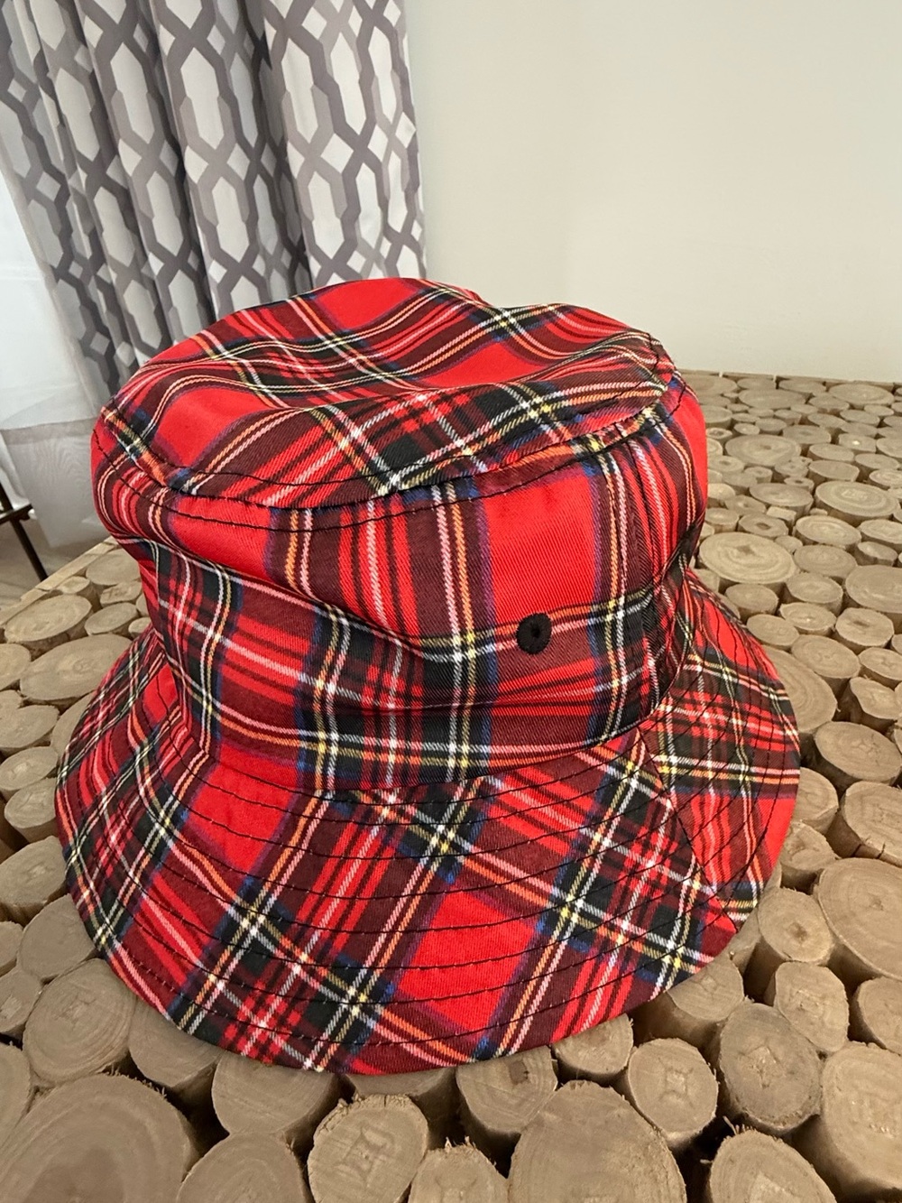 Vintage Red Plaid Bucket Hat with Black and Yellow Accents